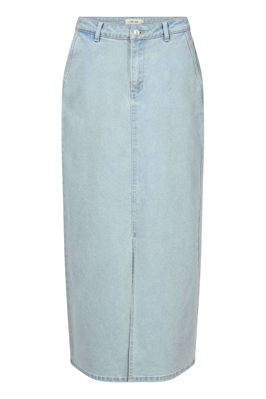 Jupe longue Joanna en denim clair, midi, coupe droite, taille mi-haute avec fente et poches latérales.