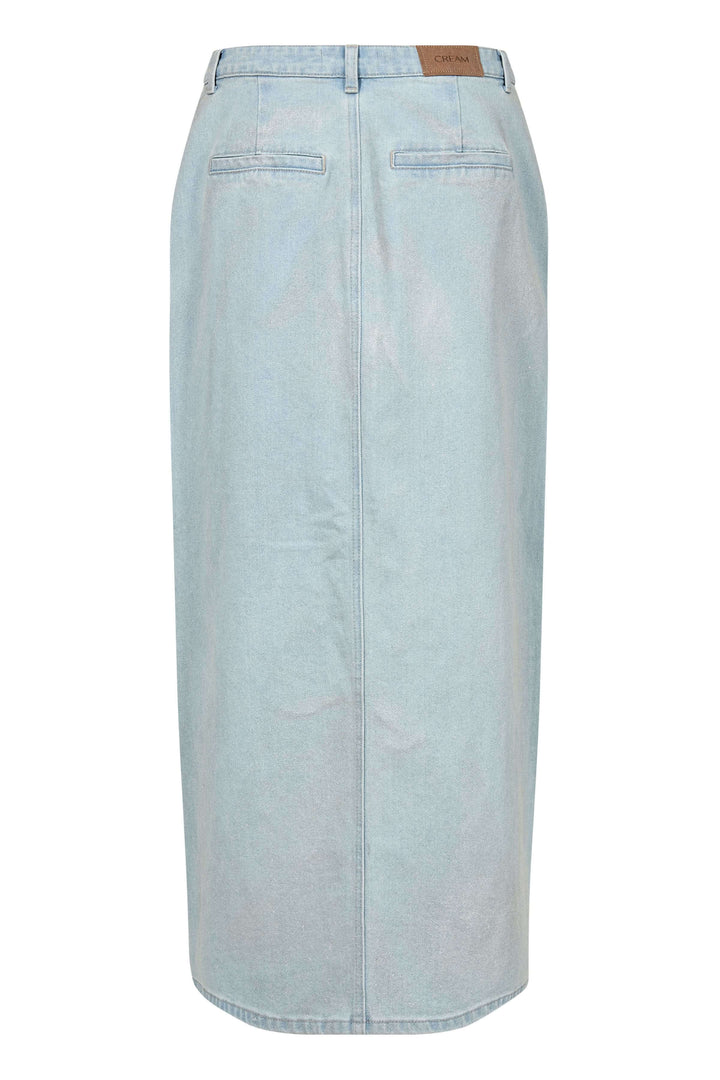 Jupe longue Joanna en denim bleu clair, coupe droite, taille mi-haute, poches latérales, délavage moderne.