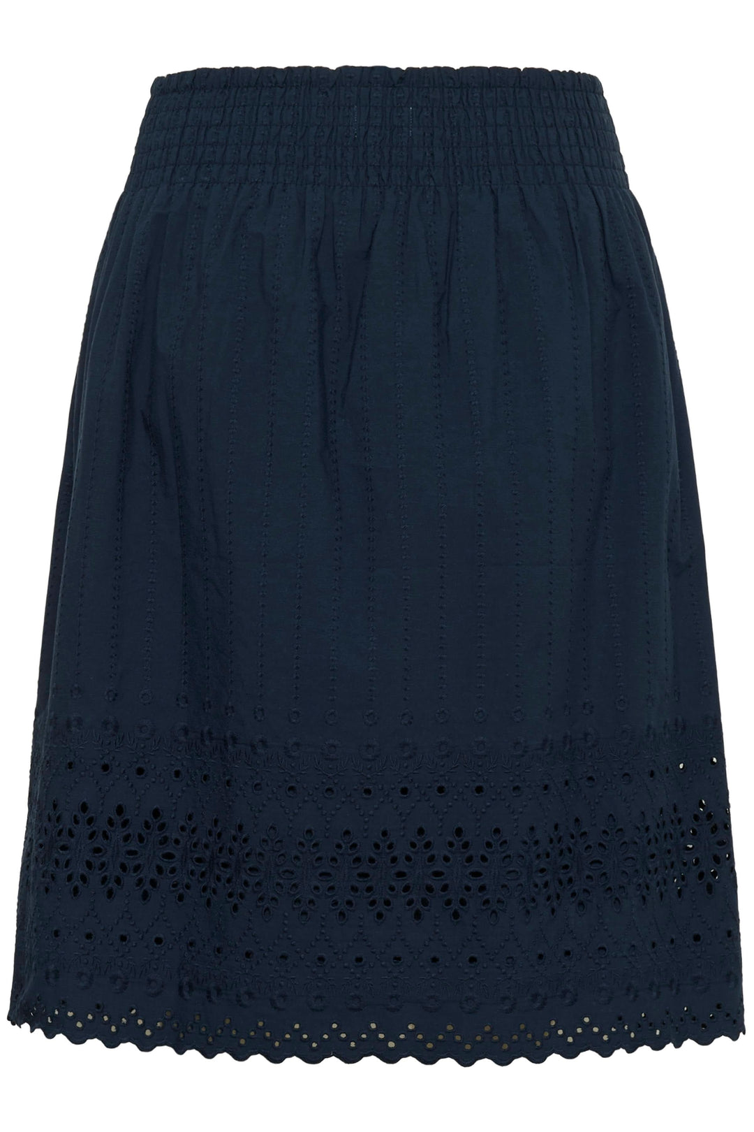 Jupe midi brodée à taille élastique avec broderie ajourée et finition festonnée, idéale pour un style élégant et estival.