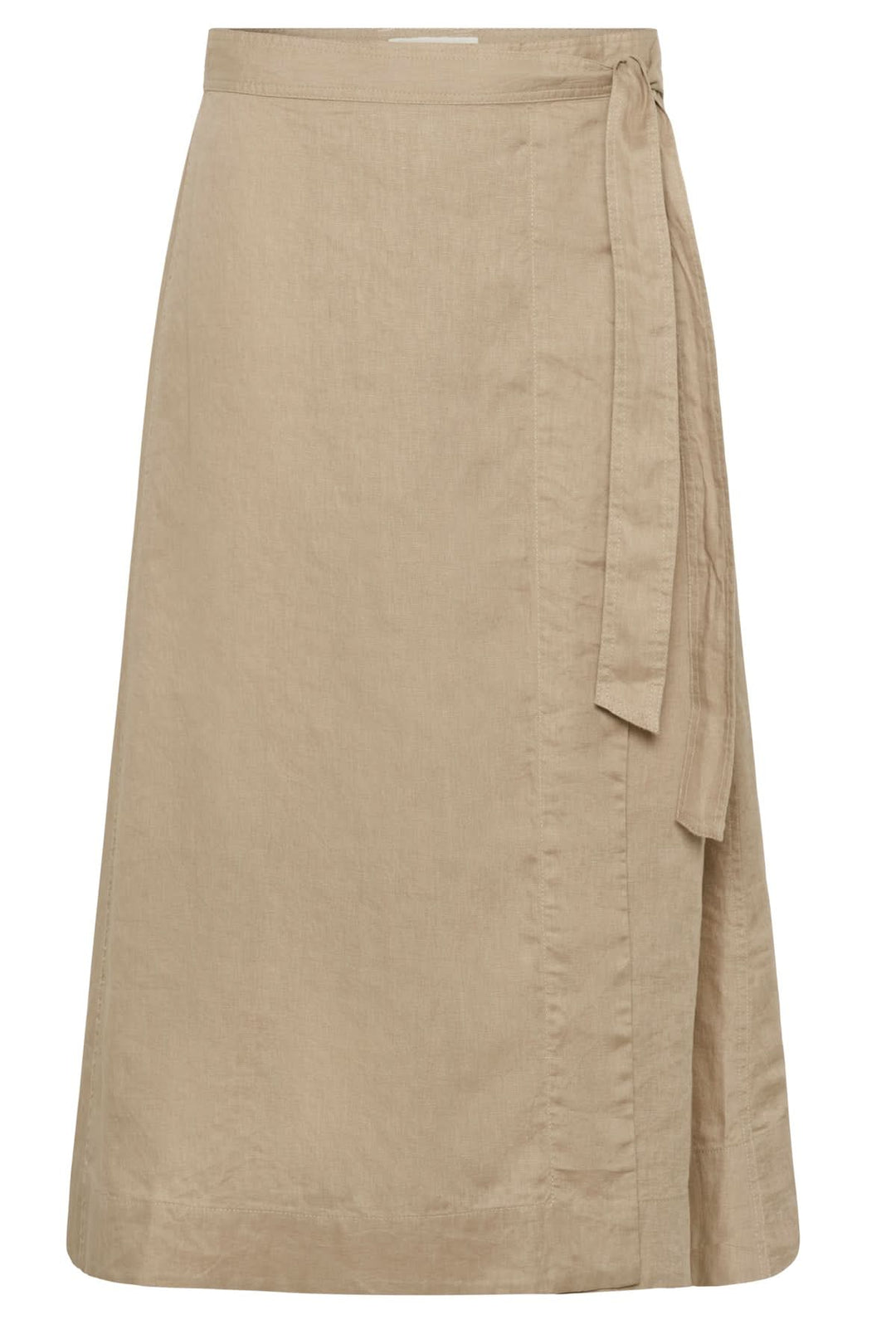 Jupe porte-feuille Arbella en lin beige avec design portefeuille et lien à nouer, offrant une silhouette fluide et taille ajustable.