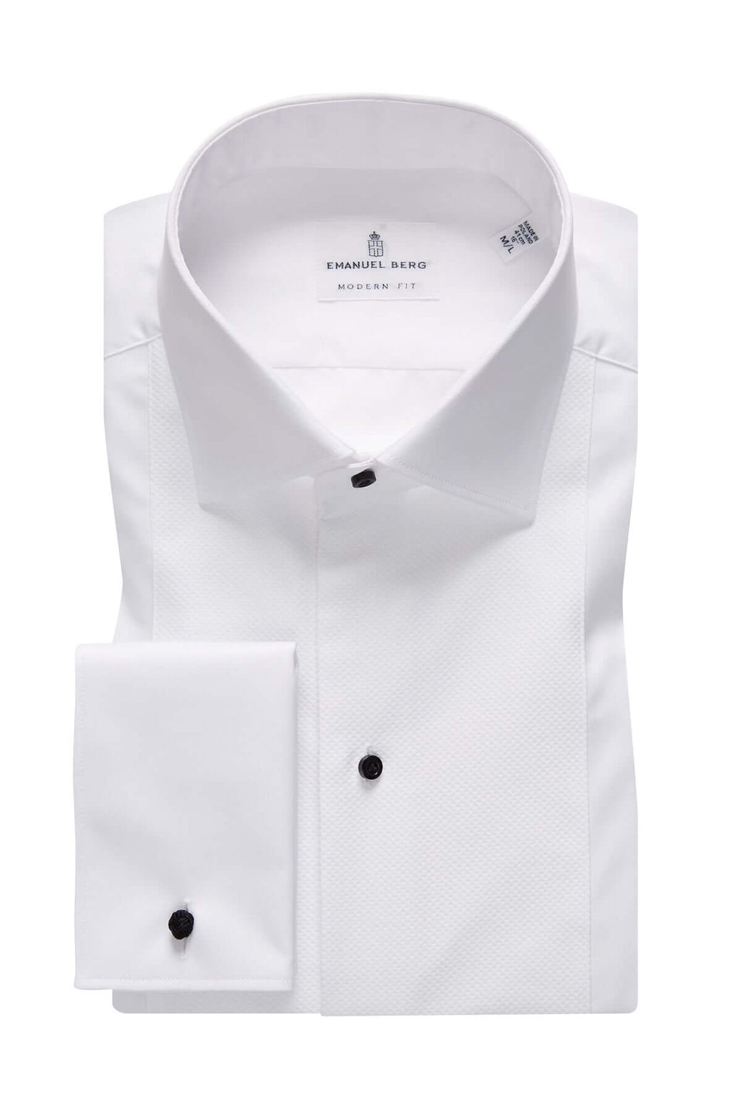 Chemise habillée élègante à col rigide, en tissu texturé, avec poignets pour boutons de manchette, style moderne et raffiné.