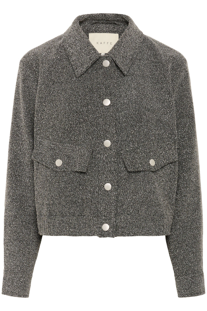 Manteau Alba court à poches à rabat et boutons contrastants élégant et structuré avec tissu texturé, vue de face.