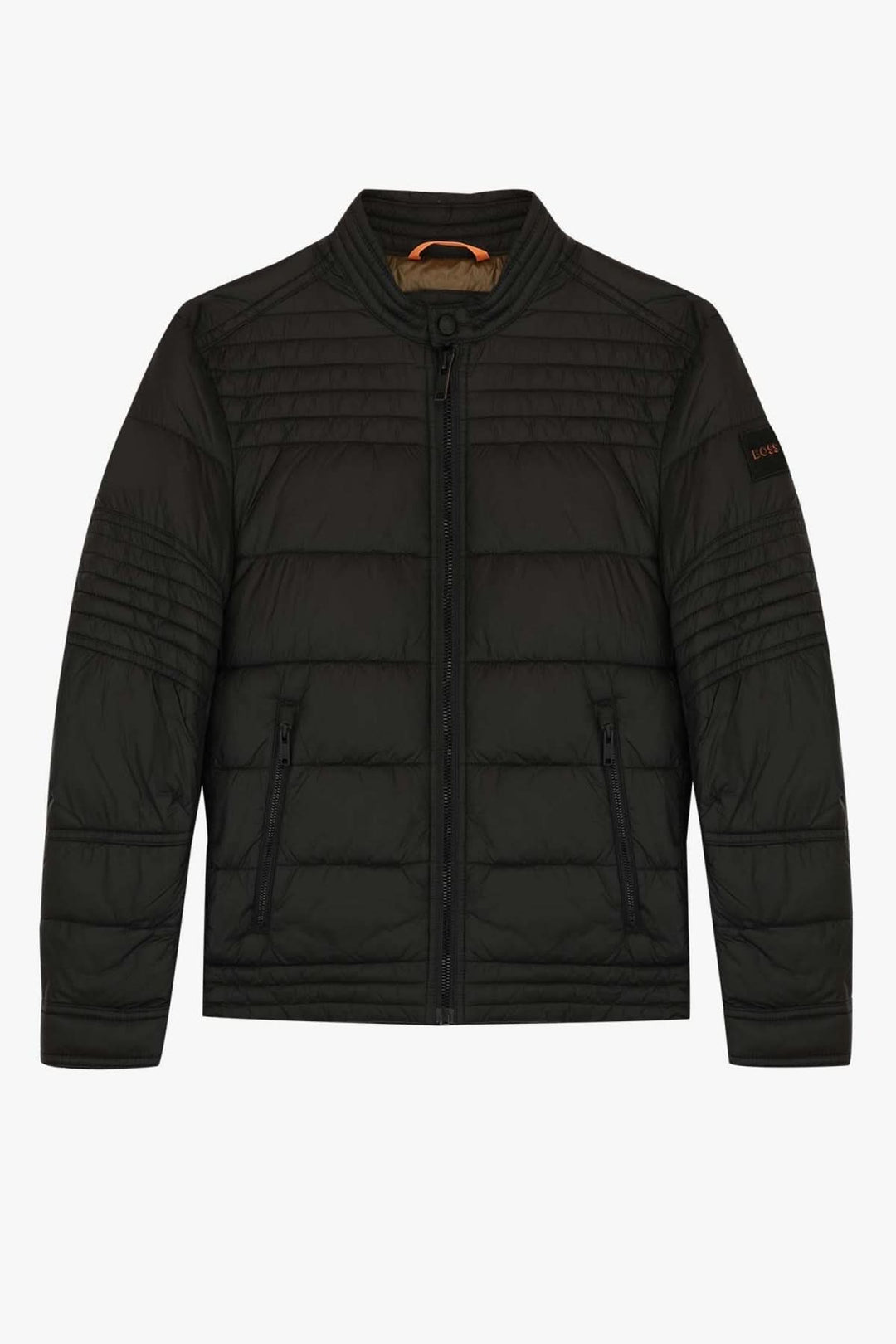 Veste matelassée noire BOSS, col montant, fermeture zippée, idéale pour l'automne.