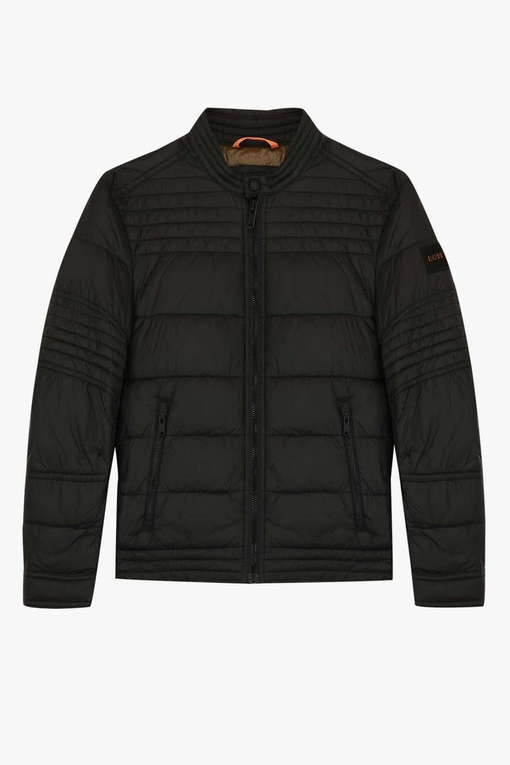 Veste matelassée noire BOSS, col montant, fermeture zippée, idéale pour l'automne.