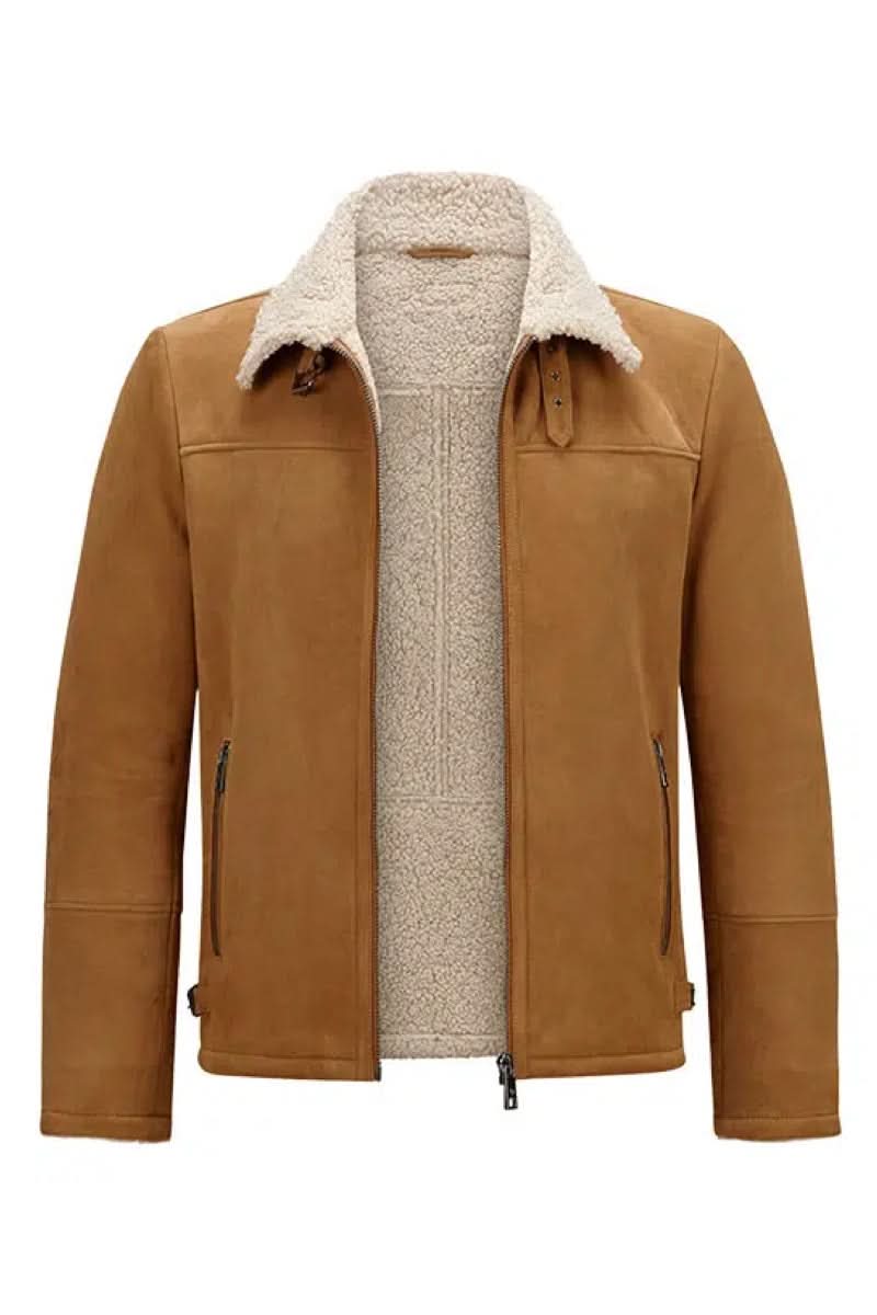 Manteau en cuir de chèvre avec intérieur en fausse fourrure, col en fourrure, fermetures éclair, et allure audacieuse.