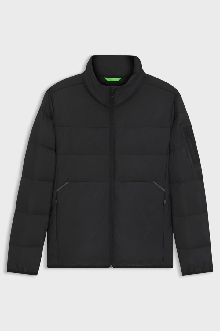 Manteau matelassé déperlant en duvet avec poche sur la manche, BOSS, noir, garnissage duvet et plumes, accents réfléchissants, mi-saison.