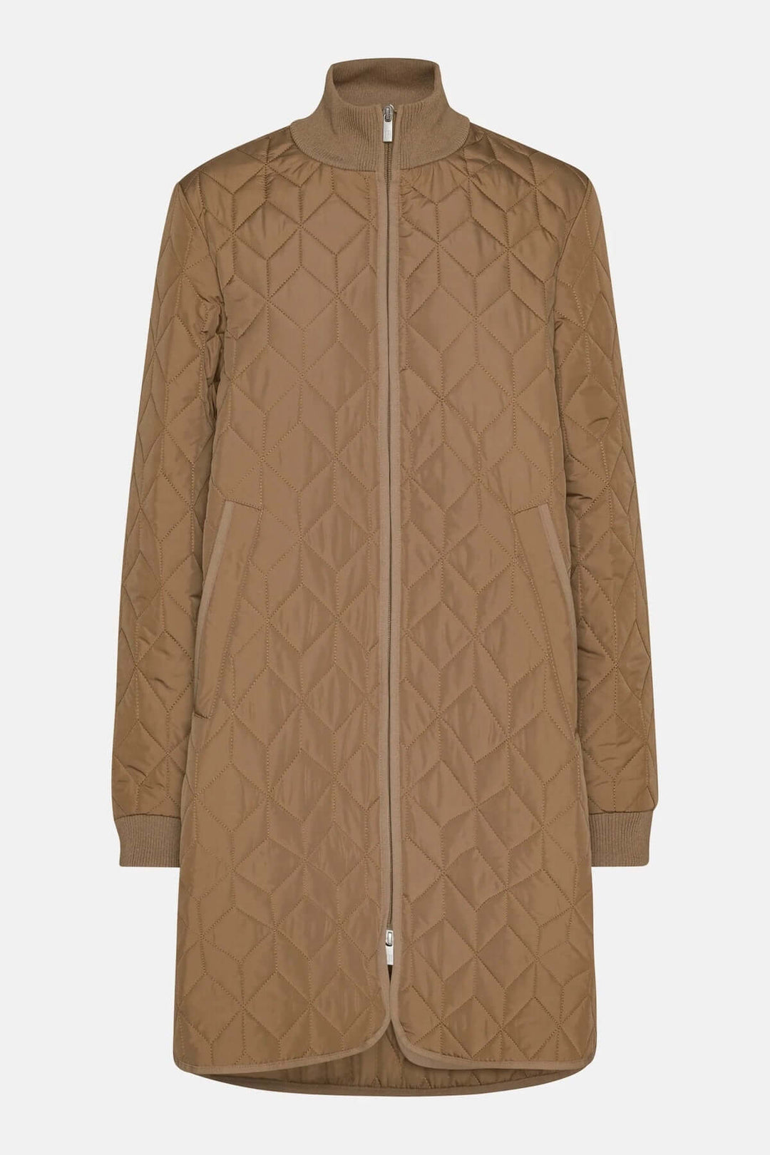 Manteau matelassé long à col montant avec fermeture zippée et poches latérales, idéal pour un style moderne et pratique.