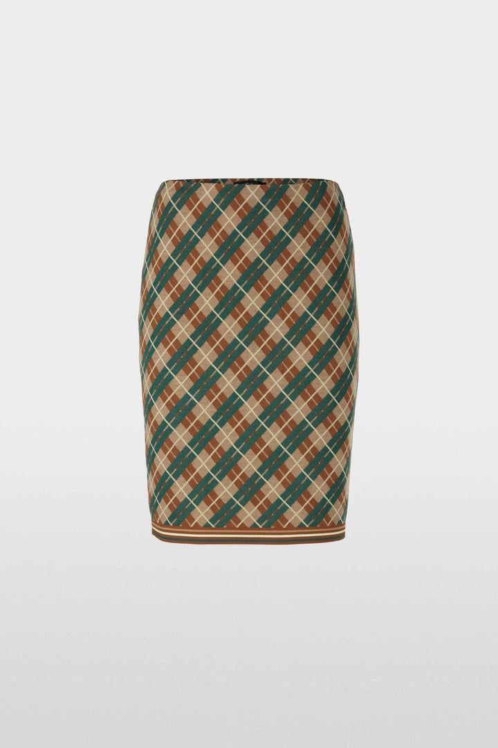 Mini-jupe à carreaux argyle avec ceinture élastique et finitions assorties, tricotée en Allemagne.