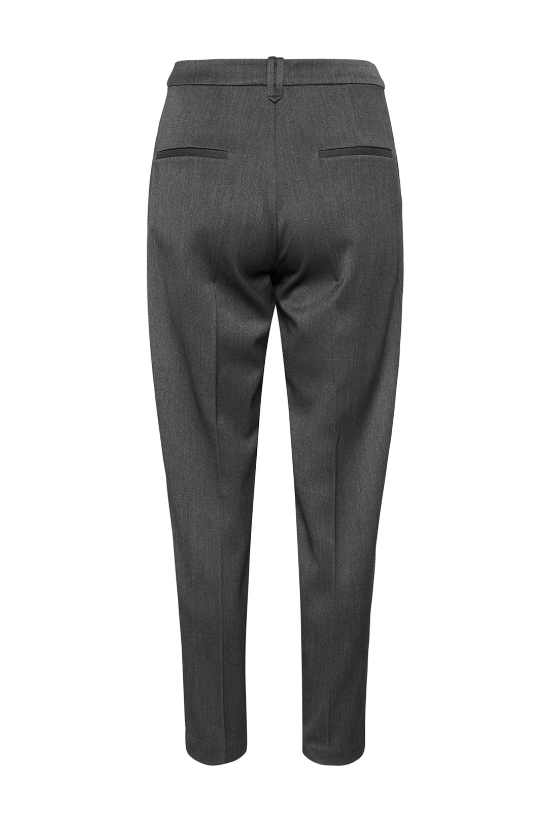 Vue arrière du Pantalon Brunilda en tailleur gris avec une coupe droite et plis marqués, parfait pour un style élégant et moderne.
