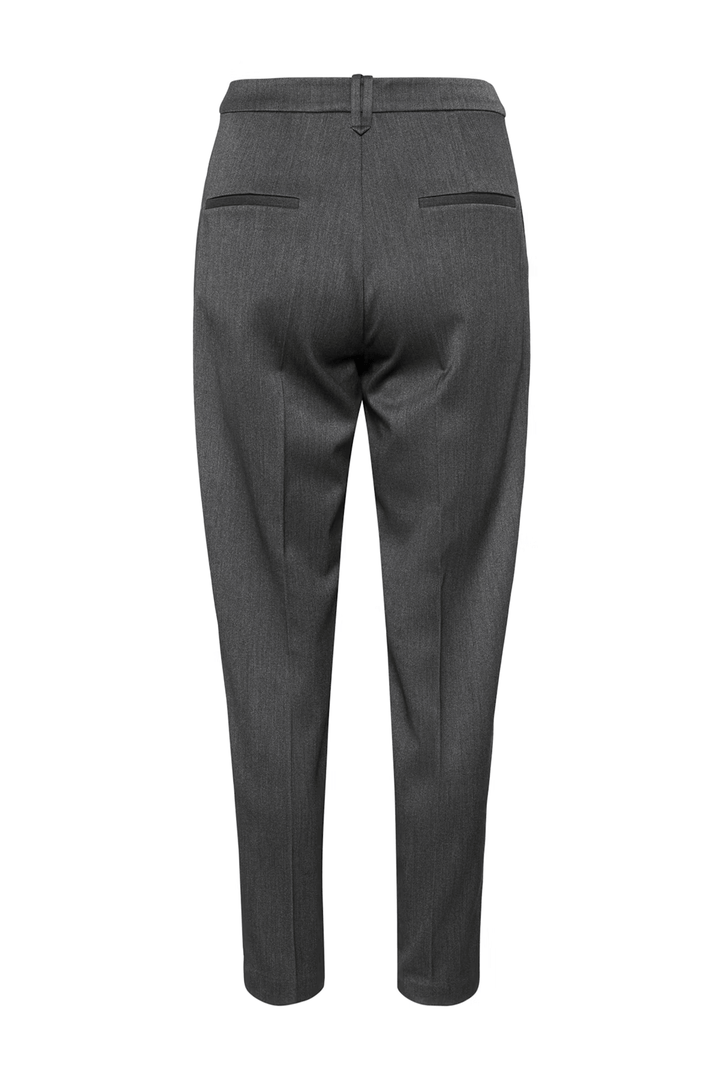 Vue arrière du Pantalon Brunilda en tailleur gris avec une coupe droite et plis marqués, parfait pour un style élégant et moderne.