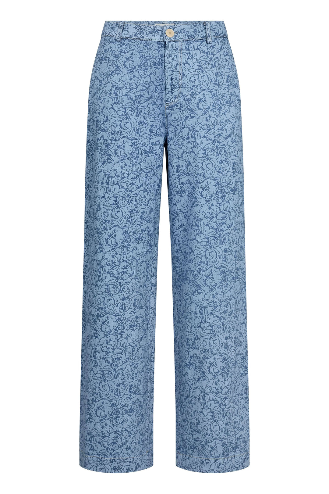 Pantalon Coralie à motif floral, coupe large et taille haute, en tissu léger pour un confort optimal.