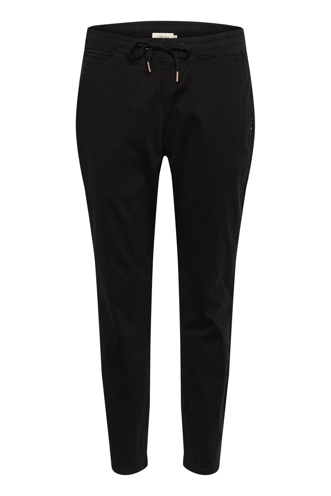Pantalon décontracté noir style jogger chic avec taille élastique et cordon ajustable, poches latérales.
