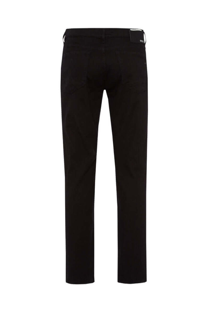 Pantalon Hi-Flex noir, coupe droite moderne, avec design de poches élégant et effet délavé subtil.