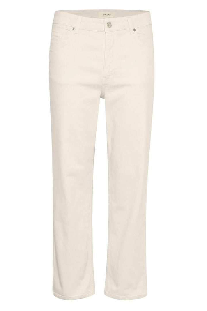 Jean évasé cropped blanc, taille mi-haute, style moderne et décontracté, parfait avec baskets ou sandales.