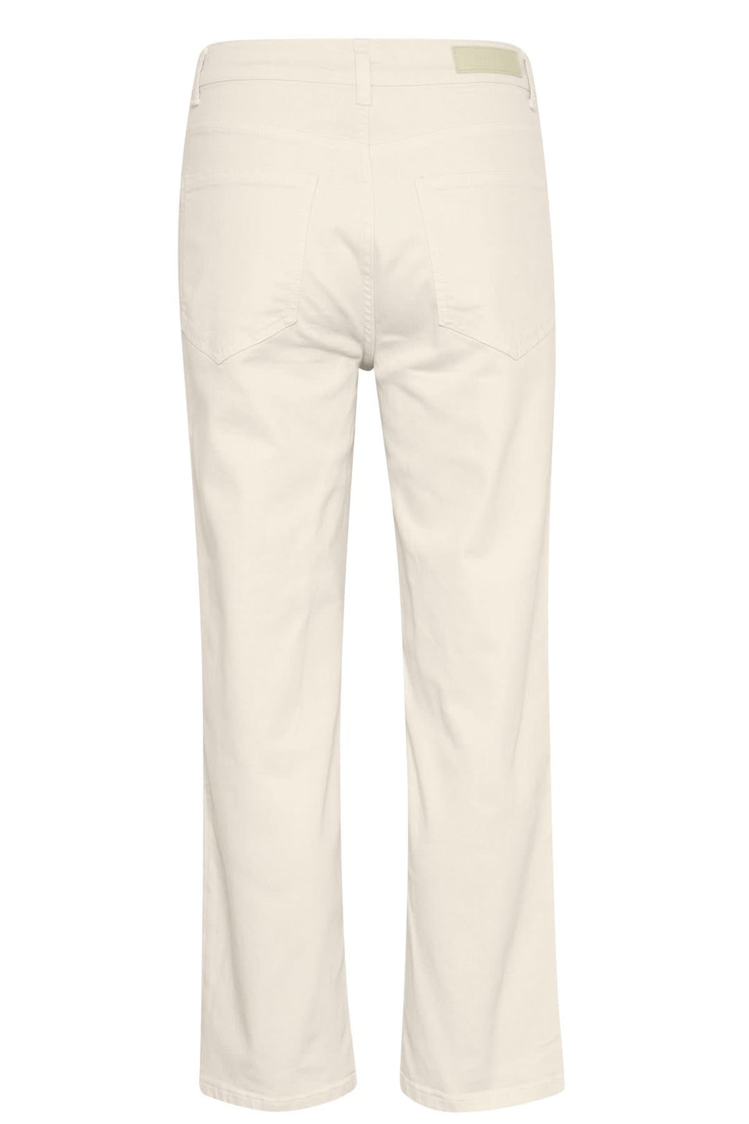 Pantalon Judya blanc à coupe évasée, dos avec poches, adapté pour un look décontracté et moderne.