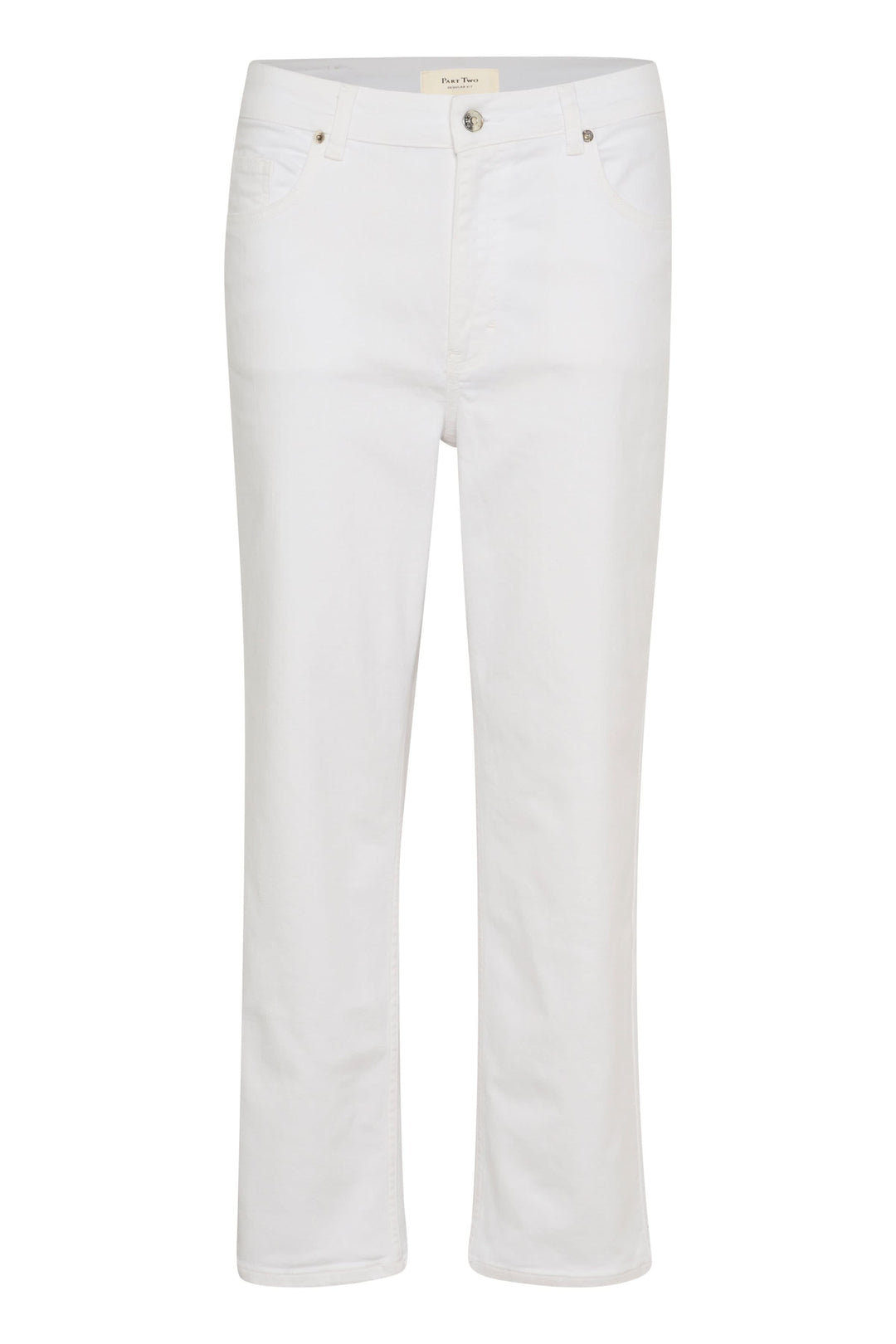 Pantalon Judya en jean blanc, coupe évasée et raccourcie, idéal pour un look moderne et décontracté.