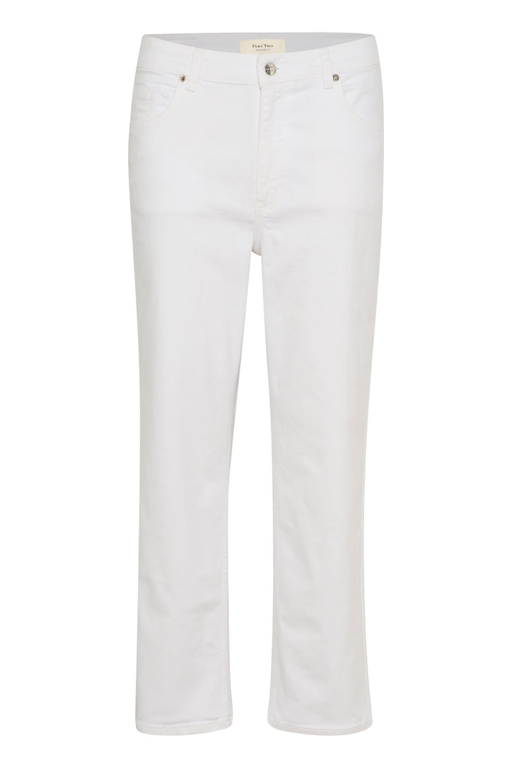 Pantalon Judya en jean blanc, coupe évasée et raccourcie, idéal pour un look moderne et décontracté.