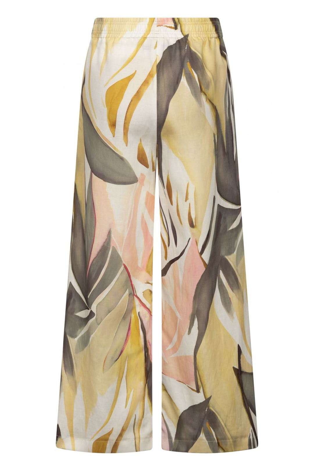 Pantalon Lizett fluide imprimé à taille élastique avec jambes larges et poches latérales, motif artistique, chic et confortable.