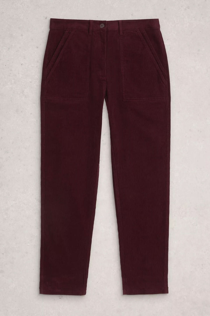 Pantalon Twister en velours côtelé bordeaux avec coupe droite fuselée et grandes poches plaquées, idéal pour un look casual-chic.