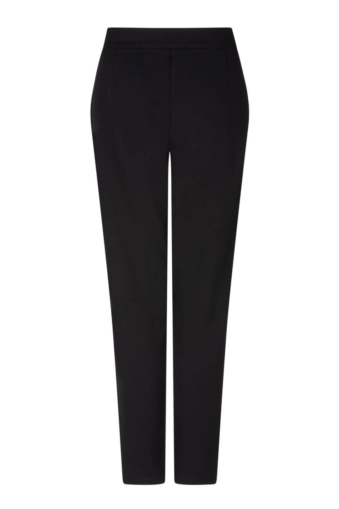 Pantalon classique à jambe droite, noir, en polyester avec poches et boutons dorés décoratifs.