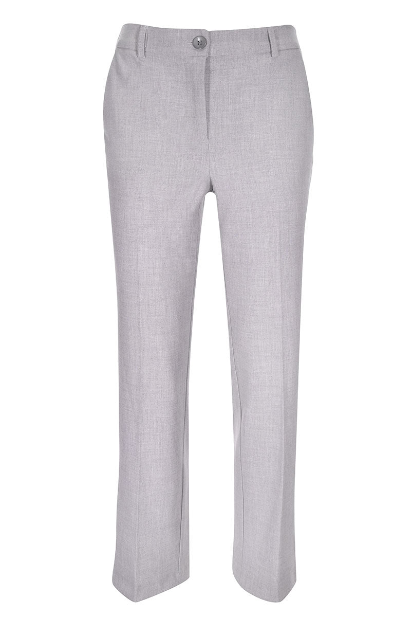 Pantalon coupe droite gris clair avec fermeture à glissière et bouton, offrant une silhouette élégante et structurée. Décris moi le produit en français.