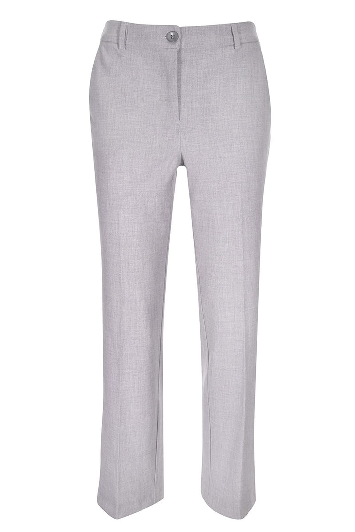 Pantalon coupe droite gris clair avec fermeture à glissière et bouton, offrant une silhouette élégante et structurée. Décris moi le produit en français.