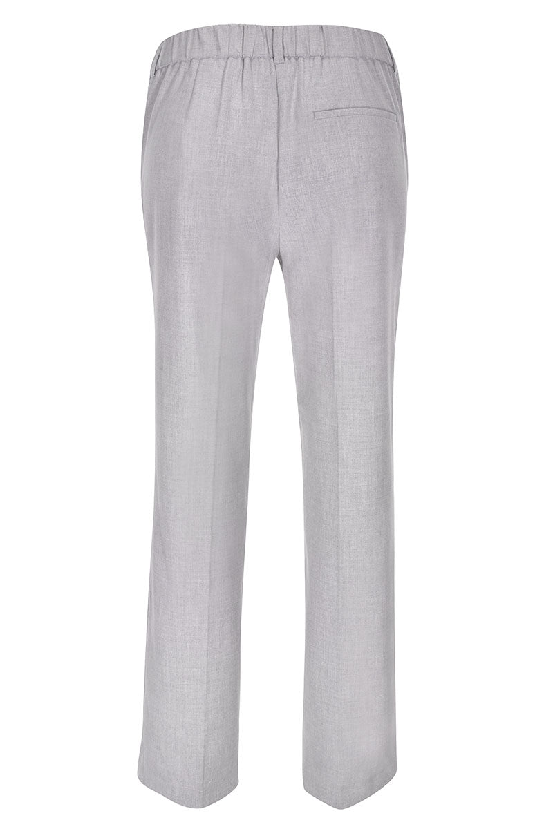 Vue arrière du pantalon coupe droite gris avec taille élastique, idéal pour un look élégant et confortable au bureau ou au quotidien.