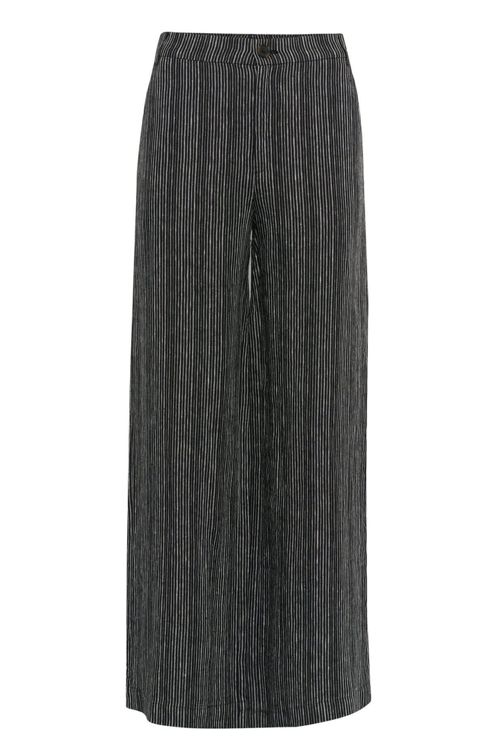 Pantalon de lin Solina à taille haute, jambe large, rayé, poches avant et arrière, élégance décontractée.