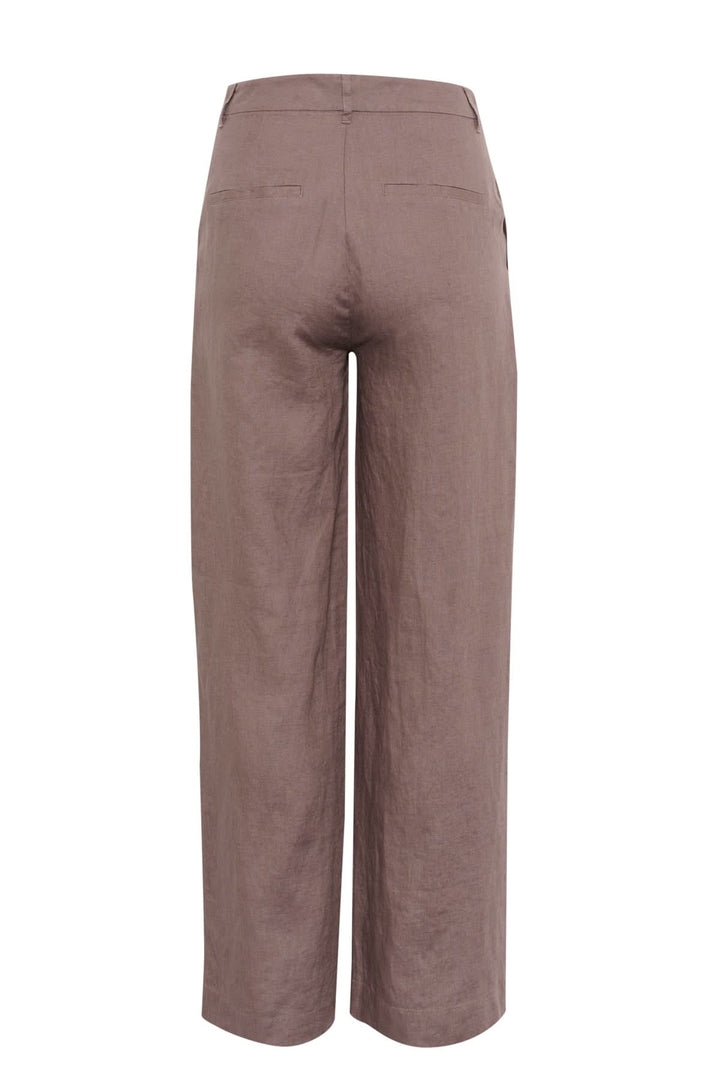 Pantalon de lin Solina vue arrière, taille haute et jambe large, couleur marron élégant.