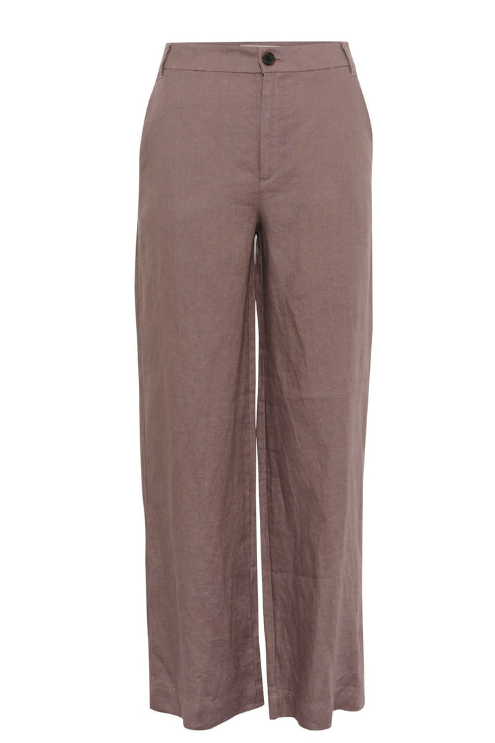 Pantalon de lin Solina, taille haute, jambe large, couleur marron, élégance et confort au quotidien.