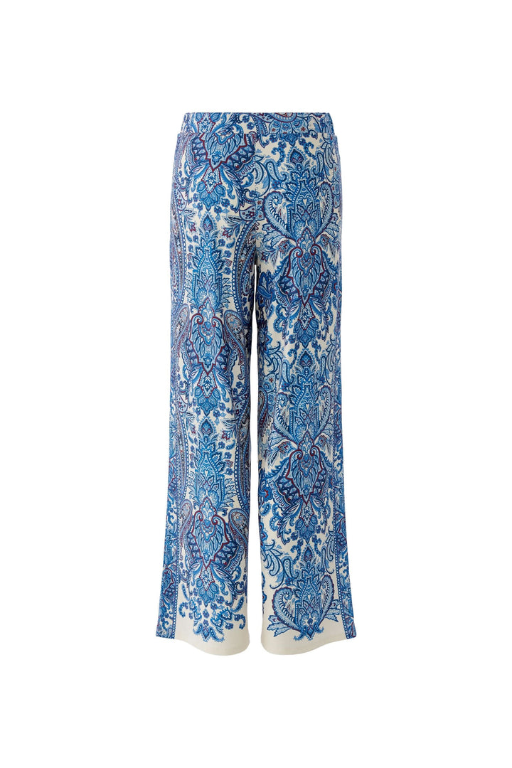 Pantalon fluide à imprimé cachemire, silhouette élancée et coupe évasée, idéal avec chandail en maille ou blouse ajustée.