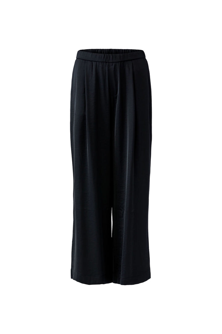 Pantalon fluide jambe large en noir avec taille élastiquée pour un look élégant et confortable, idéal pour un style quotidien ou habillé.