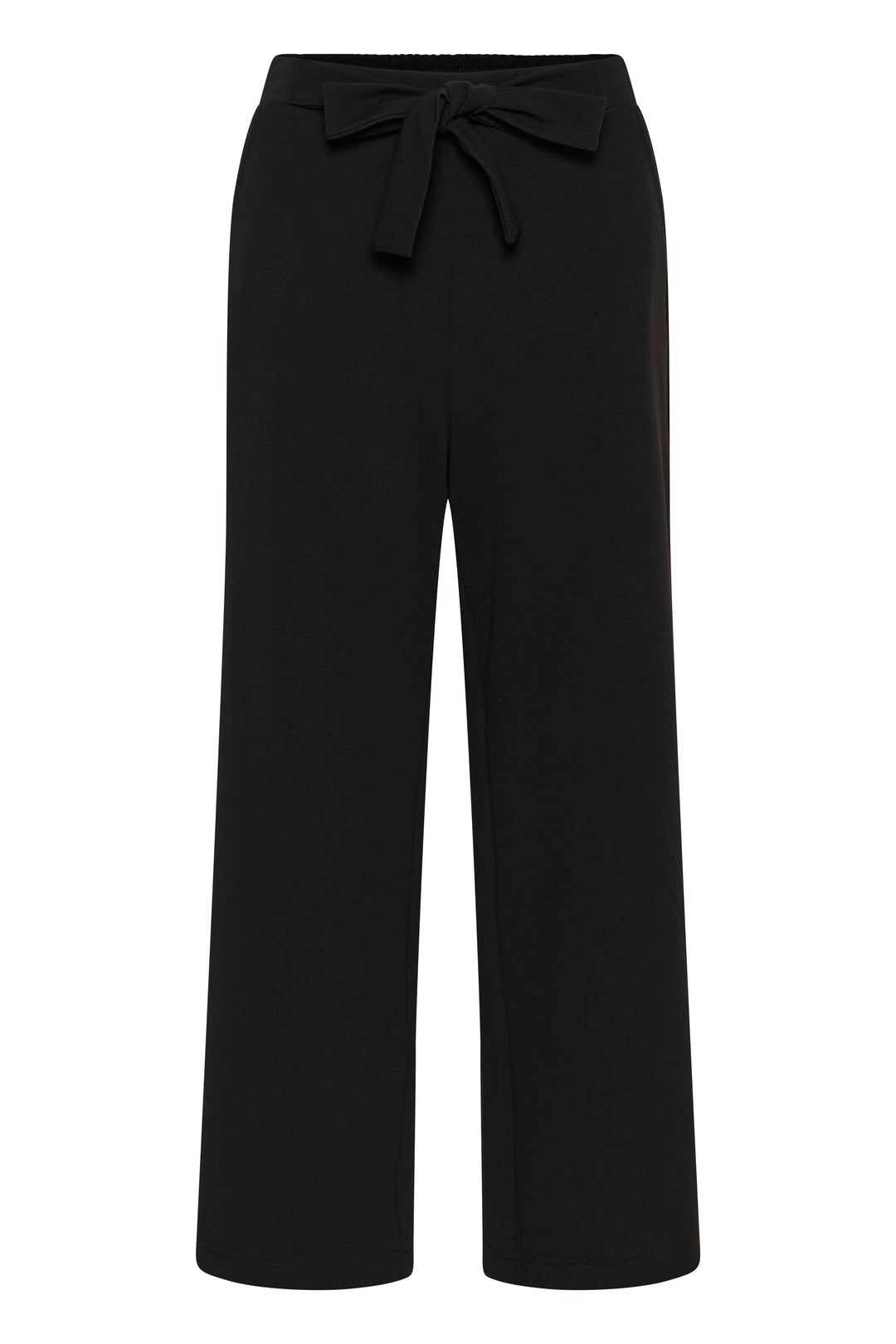Pantalon jambe large Phoebe, noir, avec ceinture à nouer, coupe fluide élégante, taille mi-haute, idéal pour un look raffiné.