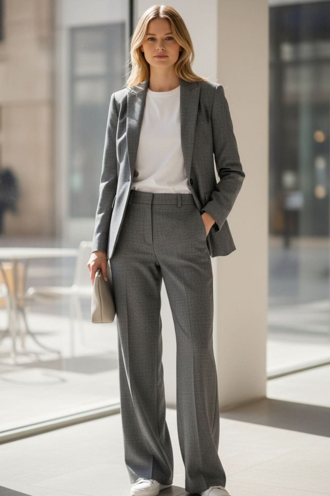 Pantalon tailleur droit Cadie en gris, coupe droite élégante avec taille haute, porté dans un cadre professionnel chic.