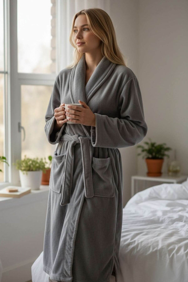 Femme portant un peignoir long en micro-polar gris, douceur et confort pour détente à la maison.