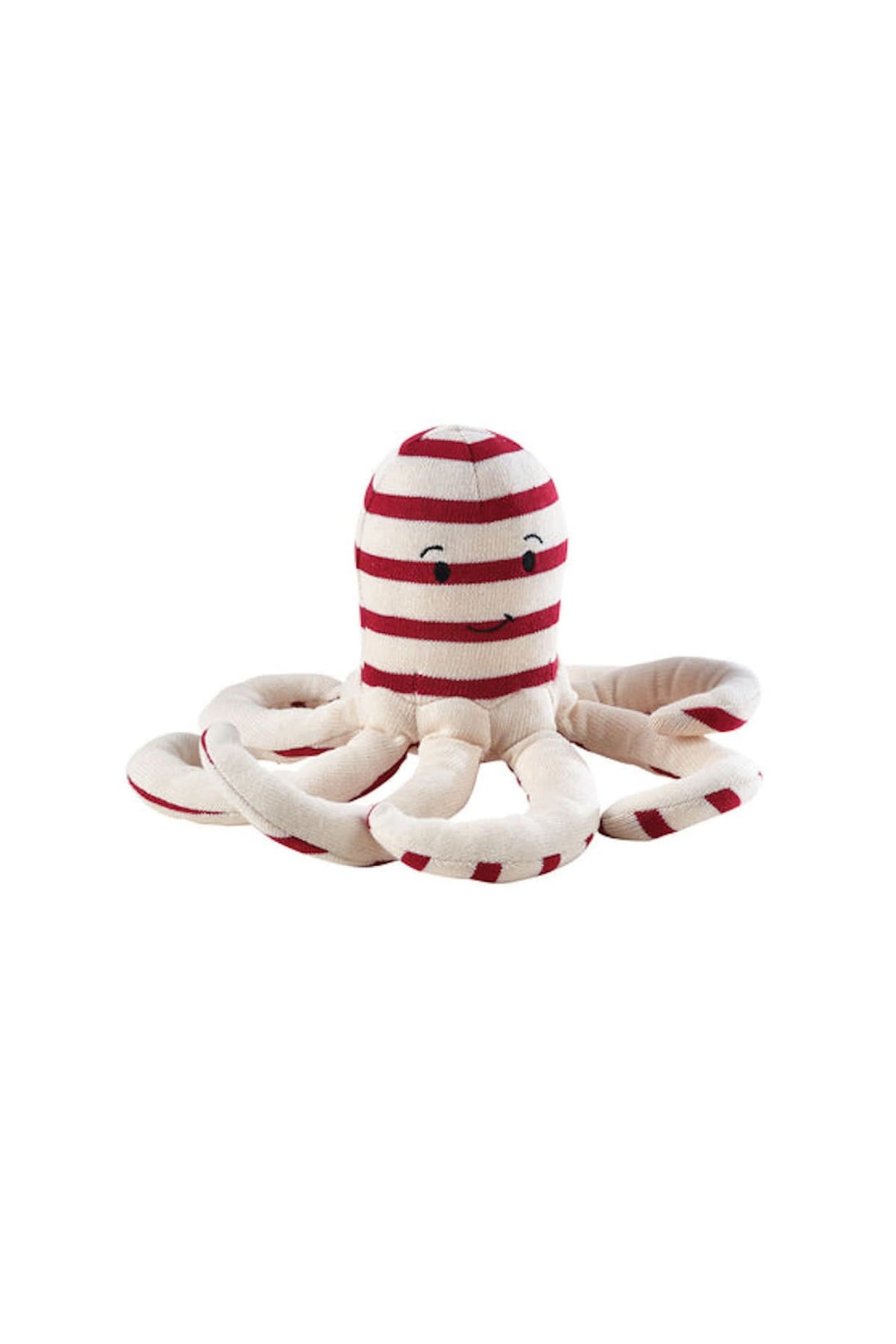 Peluche poulpe à rayures rouges et écrues, douce et amusante, idéale pour les enfants et comme objet décoratif.