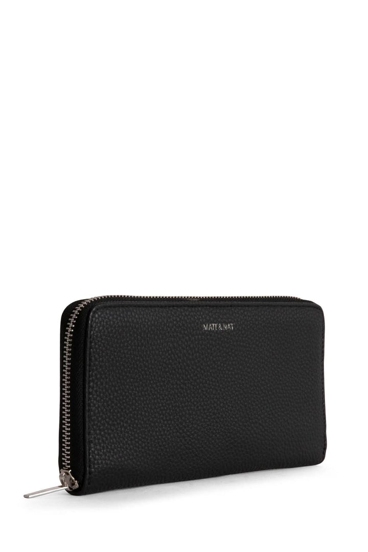 Porte-feuilles zippé noir avec finition grainée élégante, design fonctionnel et sophistiqué.