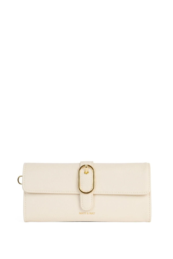 Portefeuille Seun élégant avec rabat et boucle dorée, couleur crème, dimensions 8 1/4 x 4 x 3/4 pouces.