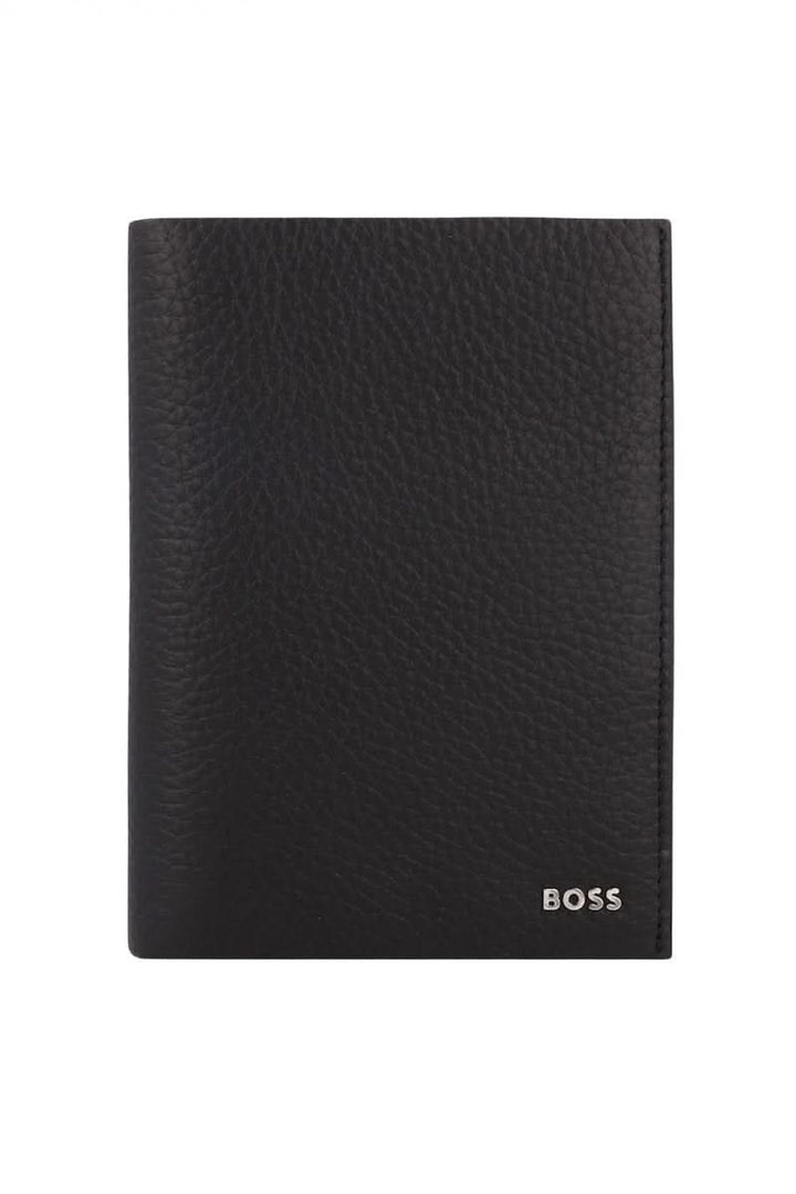 Portefeuille en cuir grainé noir avec logo métallique discret, idéal pour l&