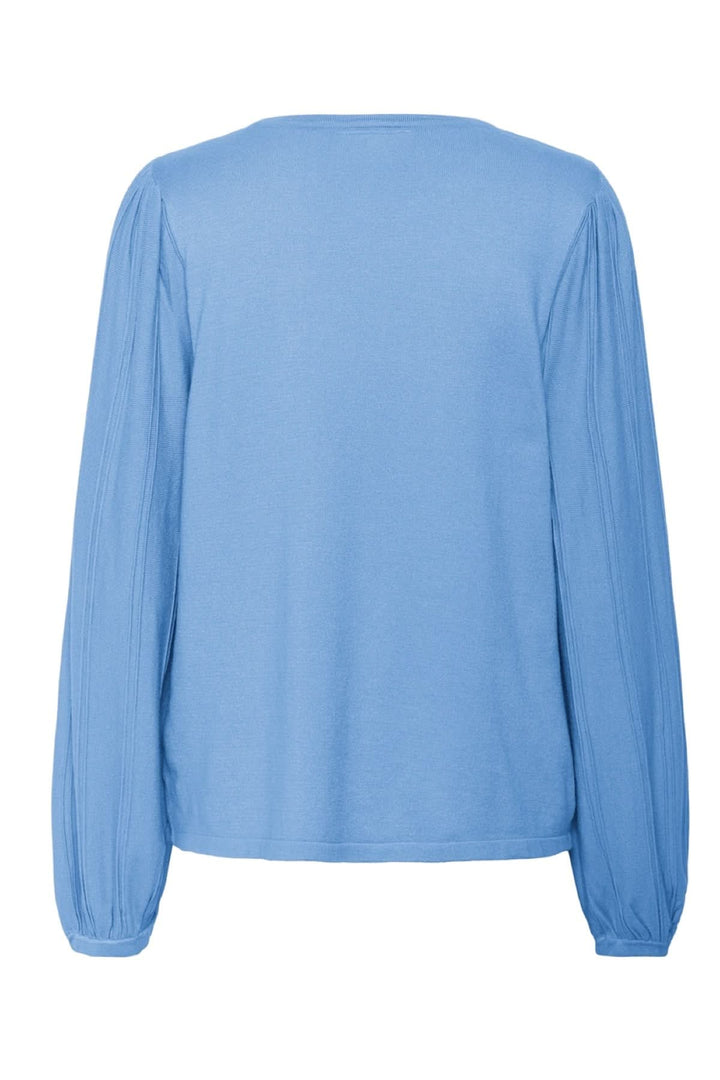 Pull Dela bleu ciel, coupe simple avec manches bouffantes, vue arrière, parfait pour un look décontracté et chic.