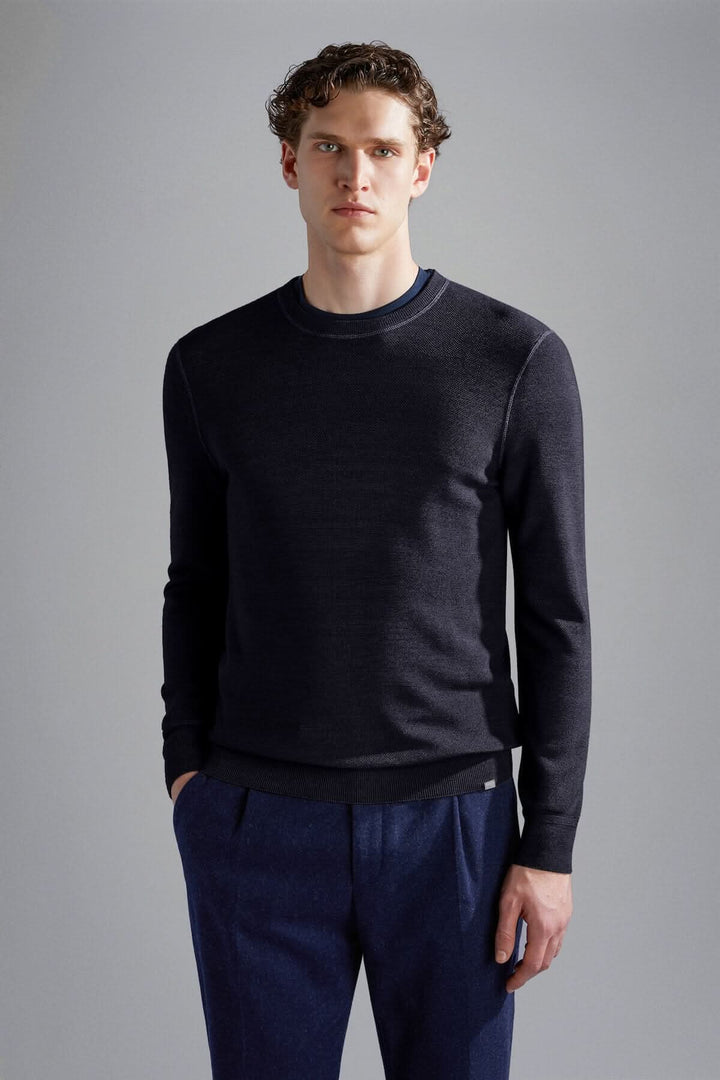 Pull en laine mérinos Paul & Shark pour homme, col rond classique, coupe élégante en noir.
