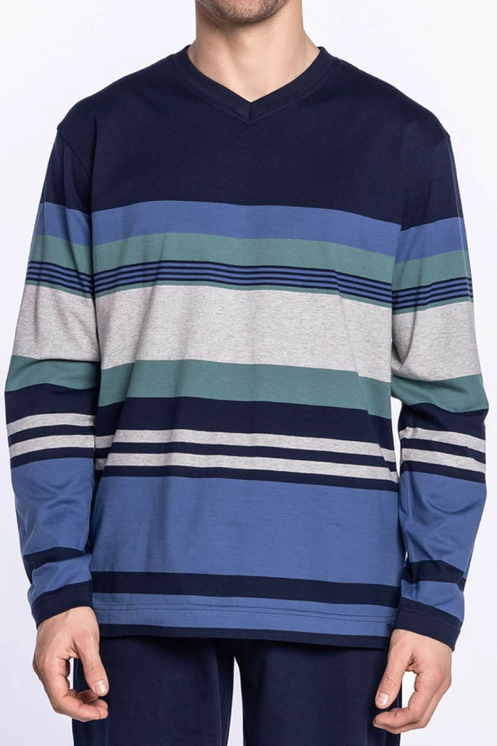 Pyjama Icy rayé, t-shirt long en coton bleu et gris, col en V, manches longues, rayures élégantes.