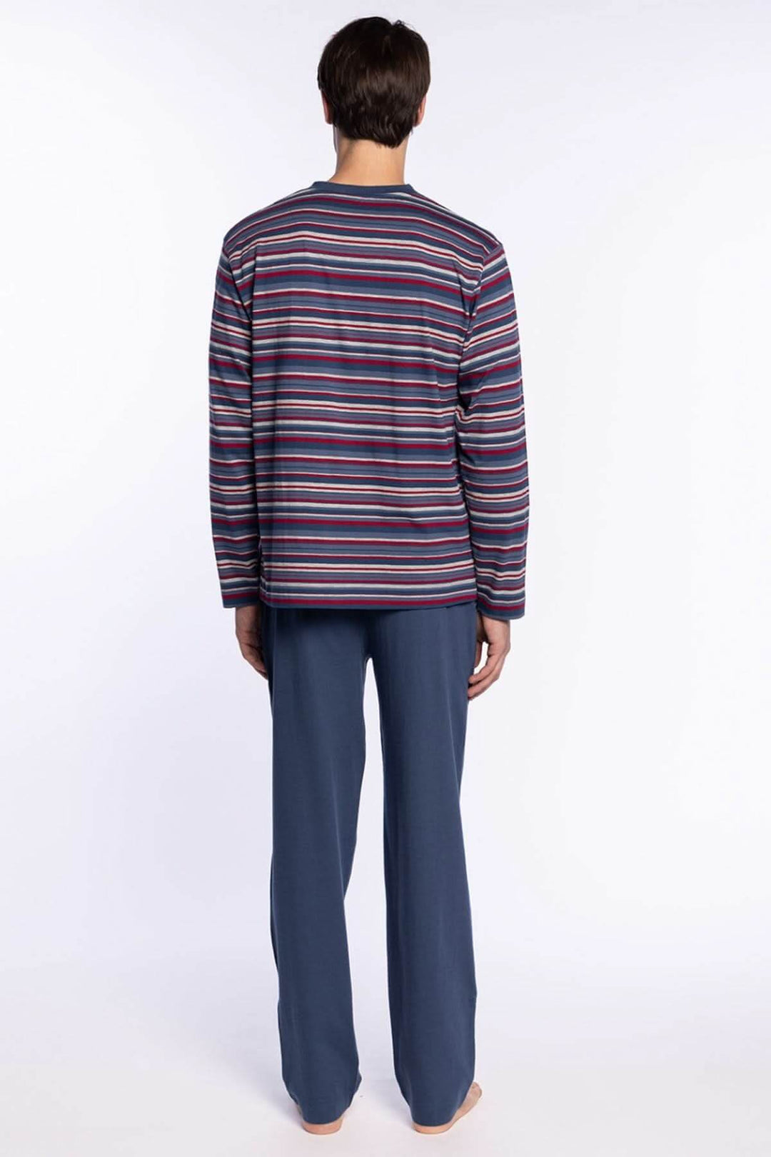 Pyjama Long en Coton à Rayures – Style Rétro, vue de dos, avec haut à manches longues et pantalon uni, idéal pour le confort quotidien.