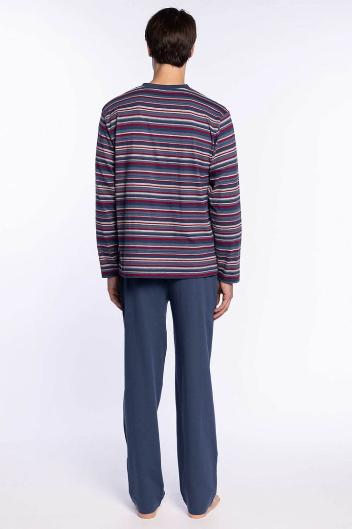 Pyjama Long en Coton à Rayures – Style Rétro, vue de dos, avec haut à manches longues et pantalon uni, idéal pour le confort quotidien.