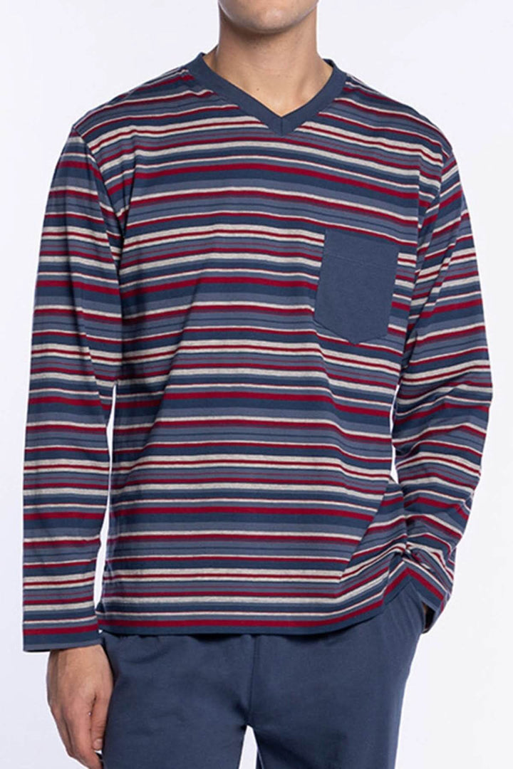 Pyjama Long en Coton à Rayures – Style Rétro pour homme, haut à rayures multicolores avec poche poitrine, col en V et manches longues.