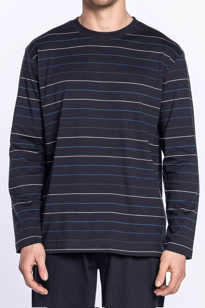 T-shirt long à rayures pour homme, col rond et manches longues, parfait pour le confort nocturne.