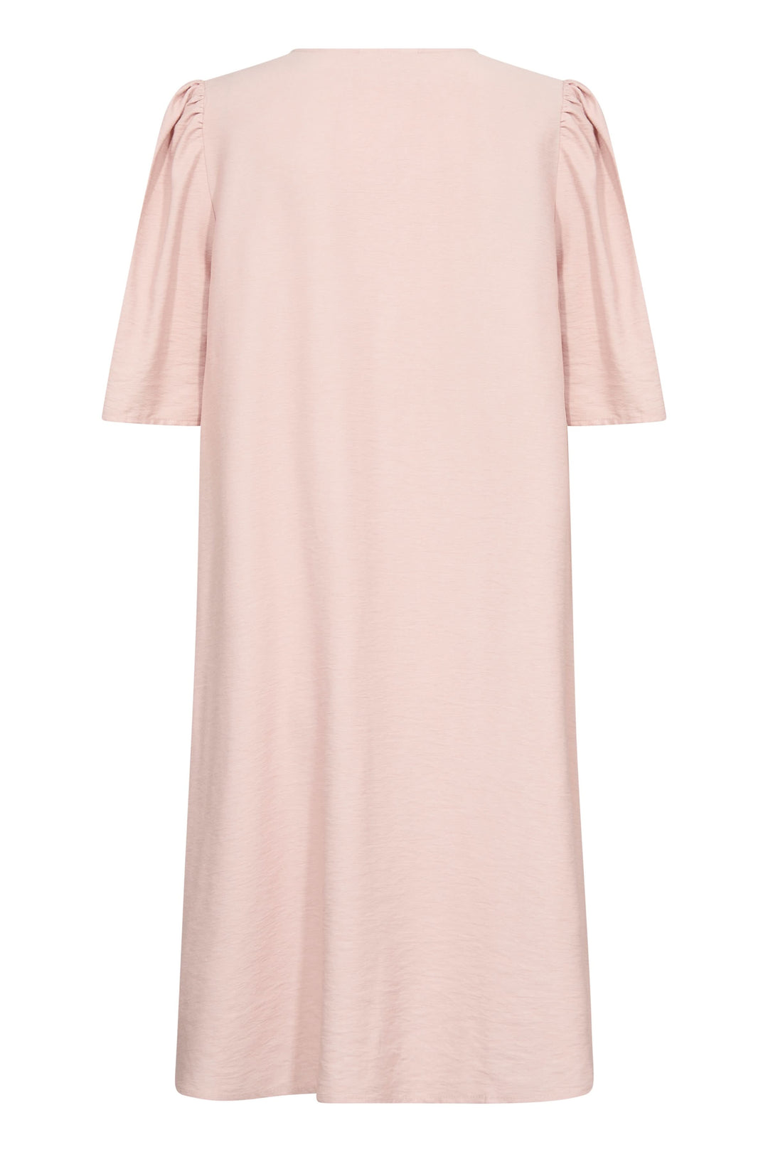 Robe Bulie beige à manches courtes avec volants, élégance minimaliste et coupe fluide, vue arrière.