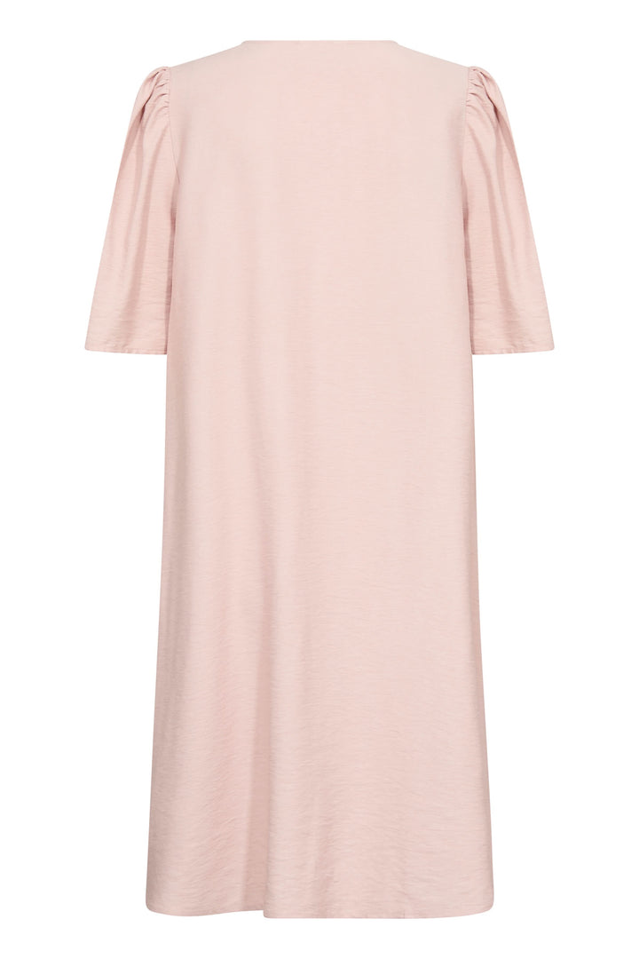 Robe Bulie beige à manches courtes avec volants, élégance minimaliste et coupe fluide, vue arrière.