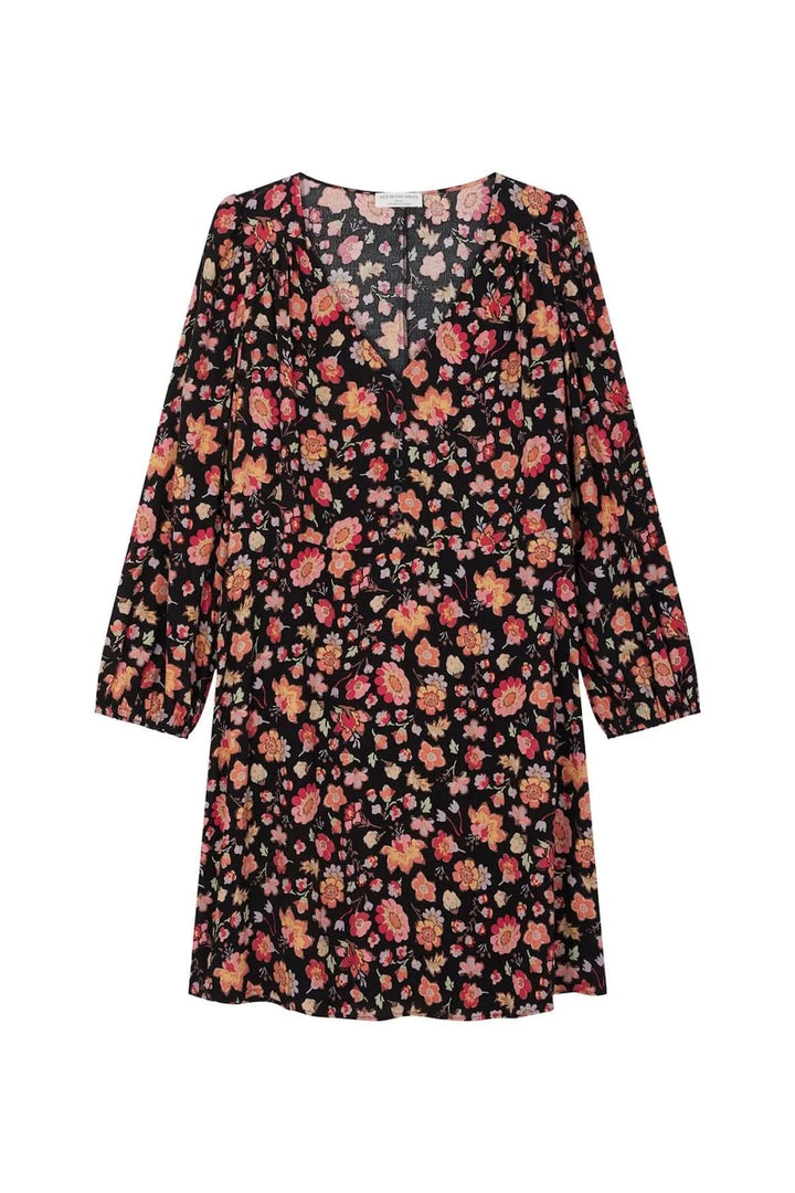 Robe Eliota Windy à imprimé floral, décolleté V, manches longues, style automnal, en viscose légère.