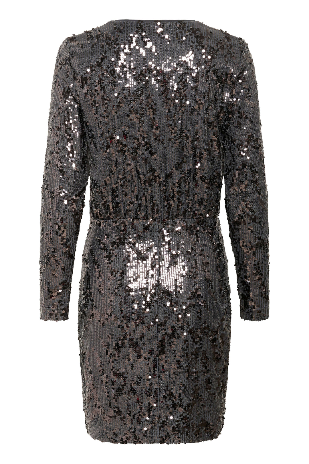 Robe Kimba à paillettes à manches longues avec col en V, coupe droite et manches longues, vue arrière. Parfaite pour les soirées festives.